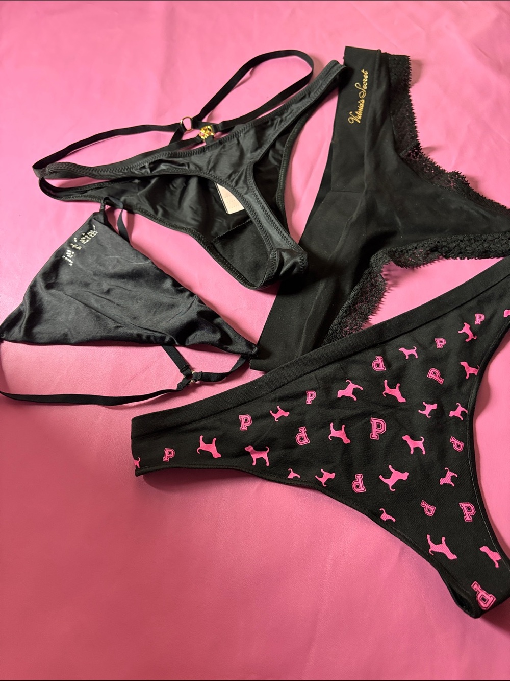 Victoria's Secret Black Panty Set with Pink P Logo & Dog Prints